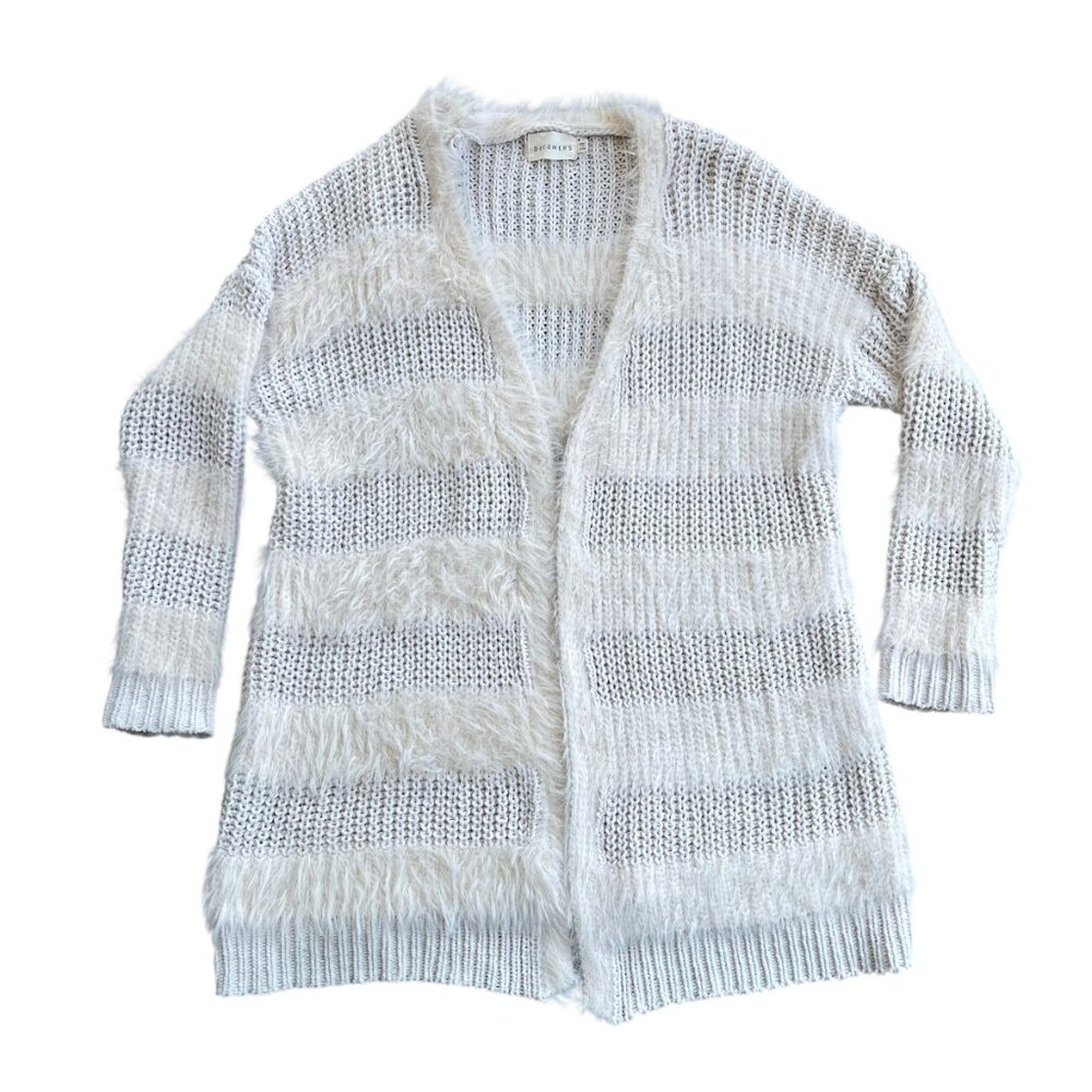 🧶 Dreamers White Fuzzy Knit Striped Cardigan Sweater S/M Soft Cozy
